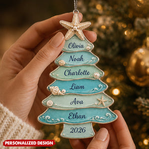 Personalized Coastal Christmas Tree Acrylic Ornament - Beach Seashell Starfish Holiday Keepsake