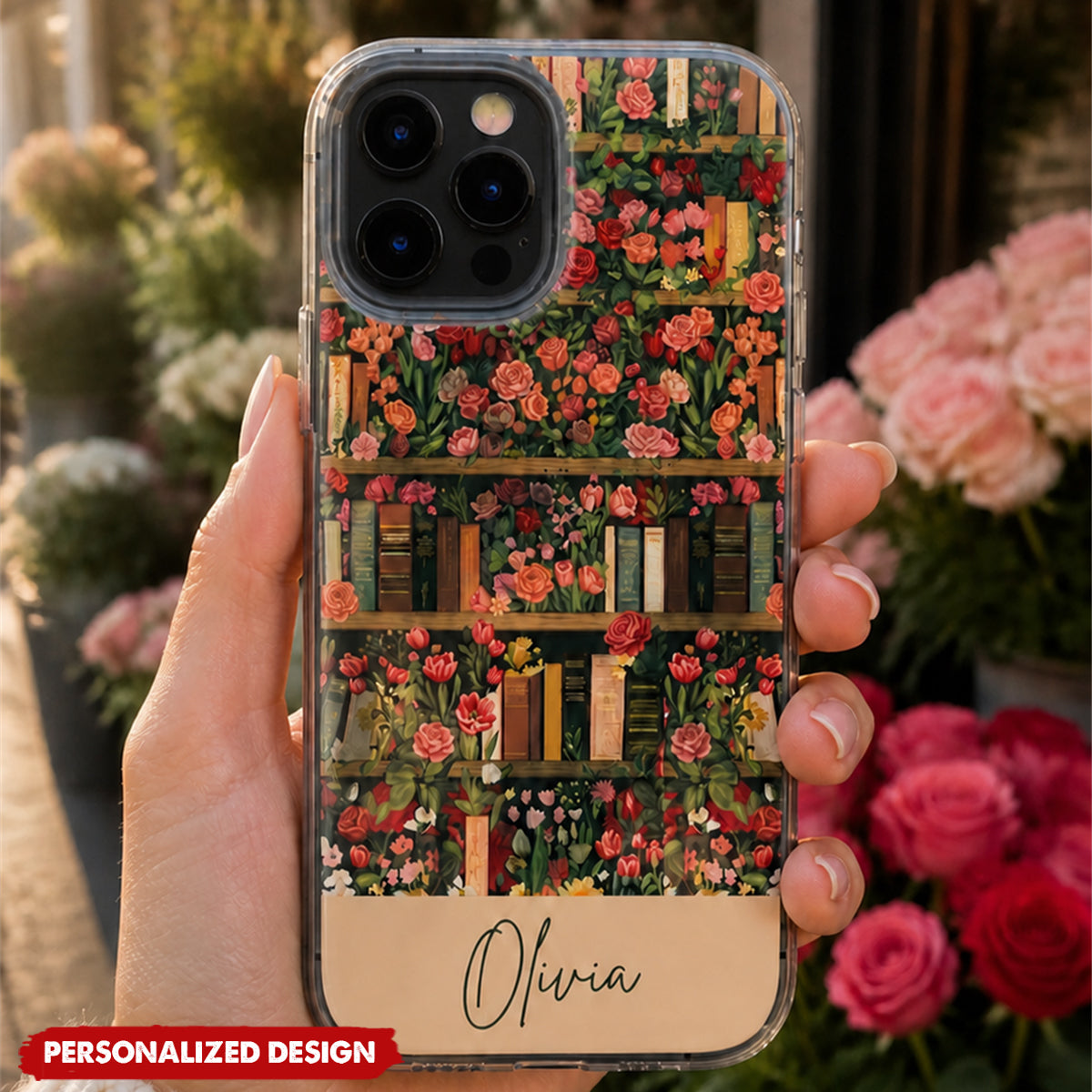 Personalized Floral Bookshelf Phone Case - Custom Name Book Lover Phone Cover