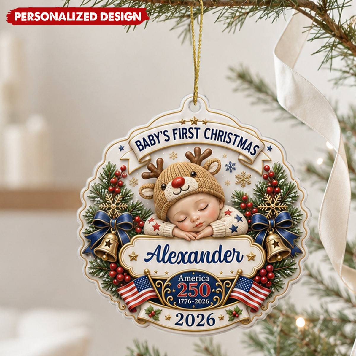 Personalized Baby's First Christmas 2026 Ornament - America 250 Years Baby Acrylic Ornament