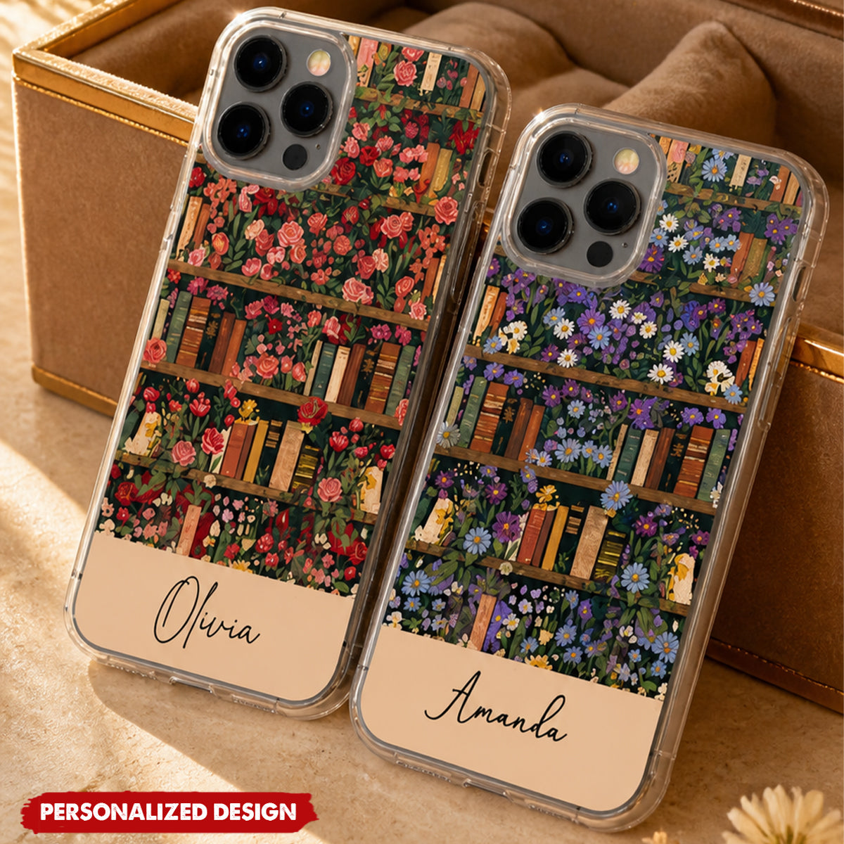 Personalized Floral Bookshelf Phone Case - Custom Name Book Lover Phone Cover