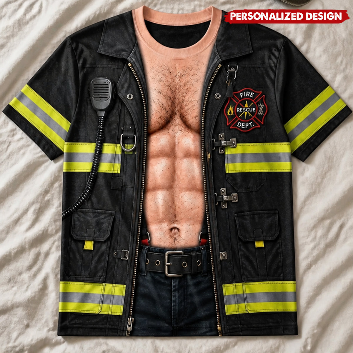 Funny 3D Optical Illusion Firefighter Muscle Fake Uniform T‑Shirt - Novelty Costume Party Tee