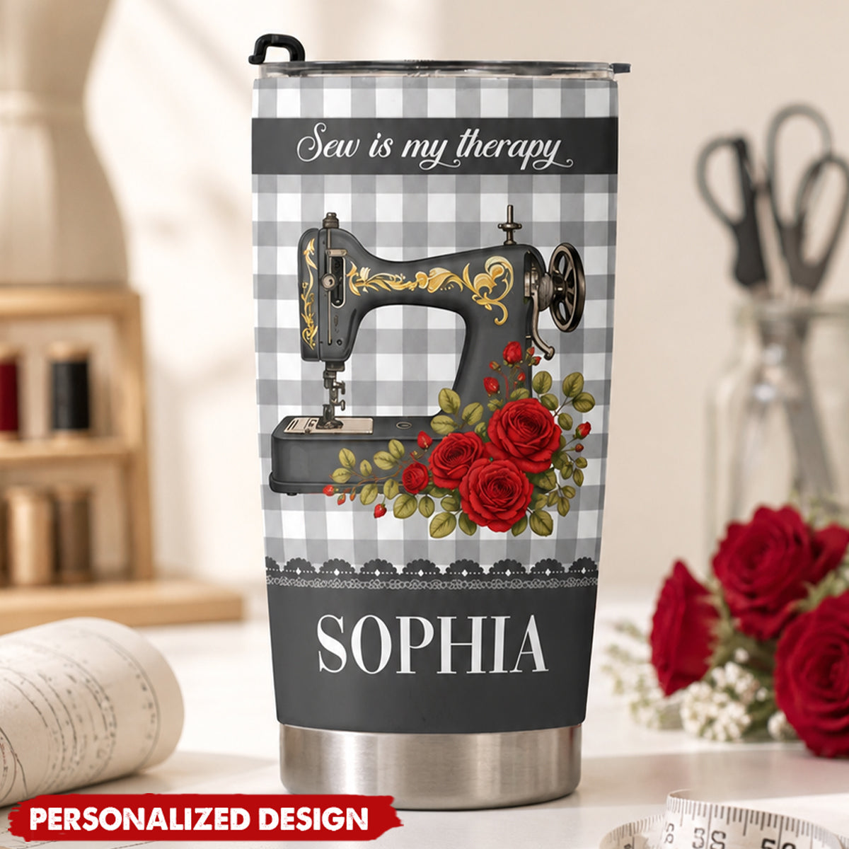 Personalized Vintage Sewing Machine Stainless Steel Tumbler - Custom Name Quilter Seamstress Gift Tumbler