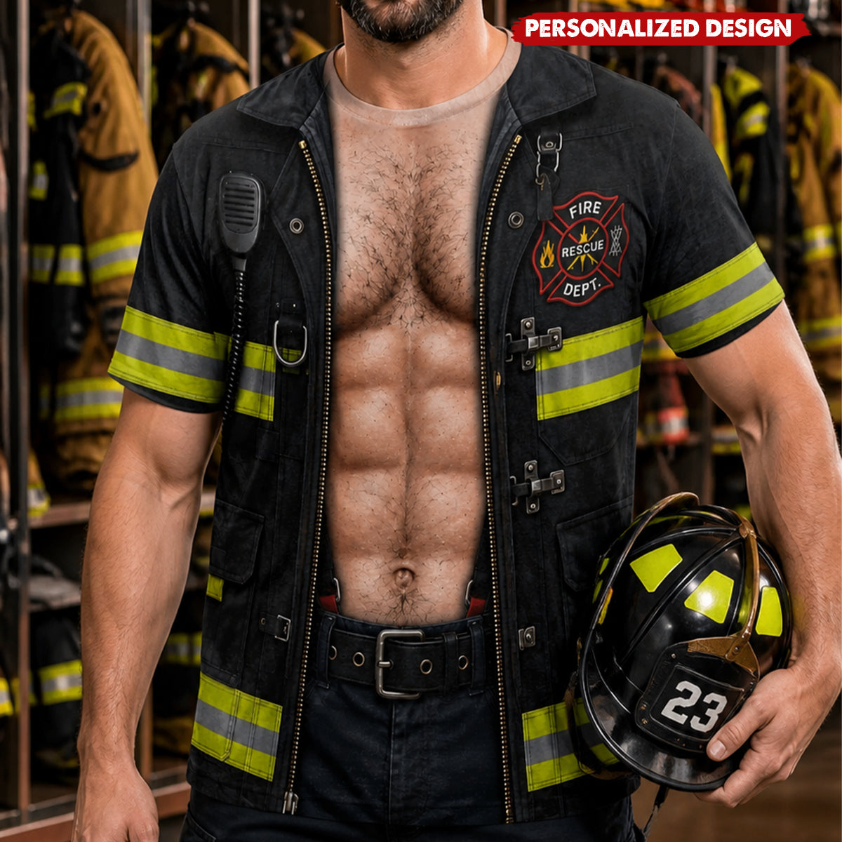 Funny 3D Optical Illusion Firefighter Muscle Fake Uniform T‑Shirt - Novelty Costume Party Tee