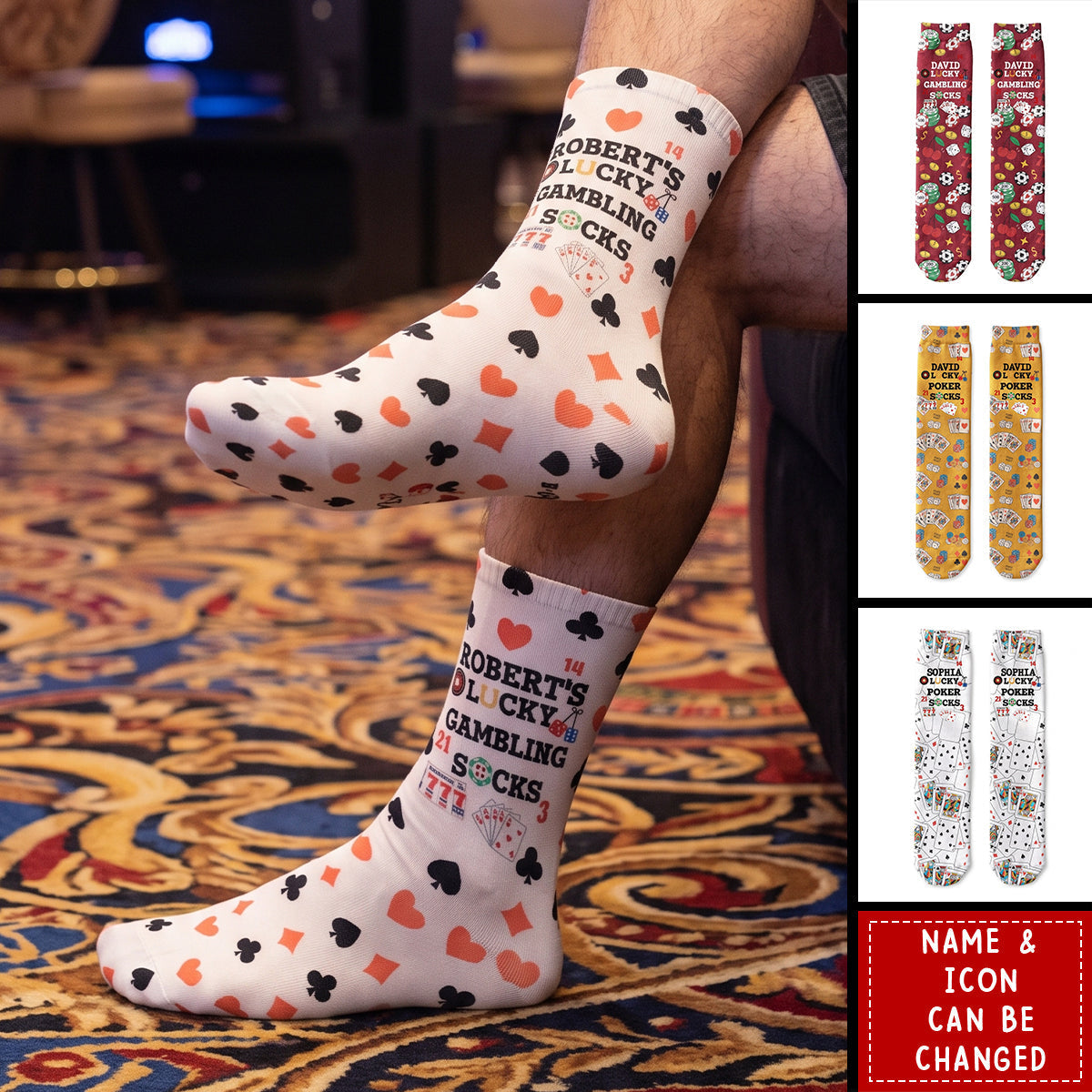 Lucky Gambling Socks, Lucky Poker Socks - Custom Name & Style - Personalized Socks