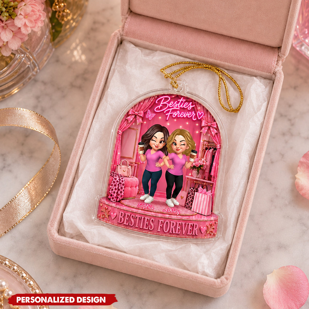 Personalized Besties Forever Acrylic Ornament - Pink Fashion Besties Ornament