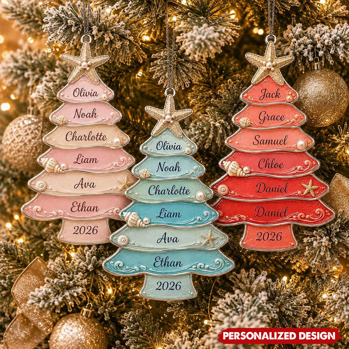 Personalized Coastal Christmas Tree Acrylic Ornament - Beach Seashell Starfish Holiday Keepsake