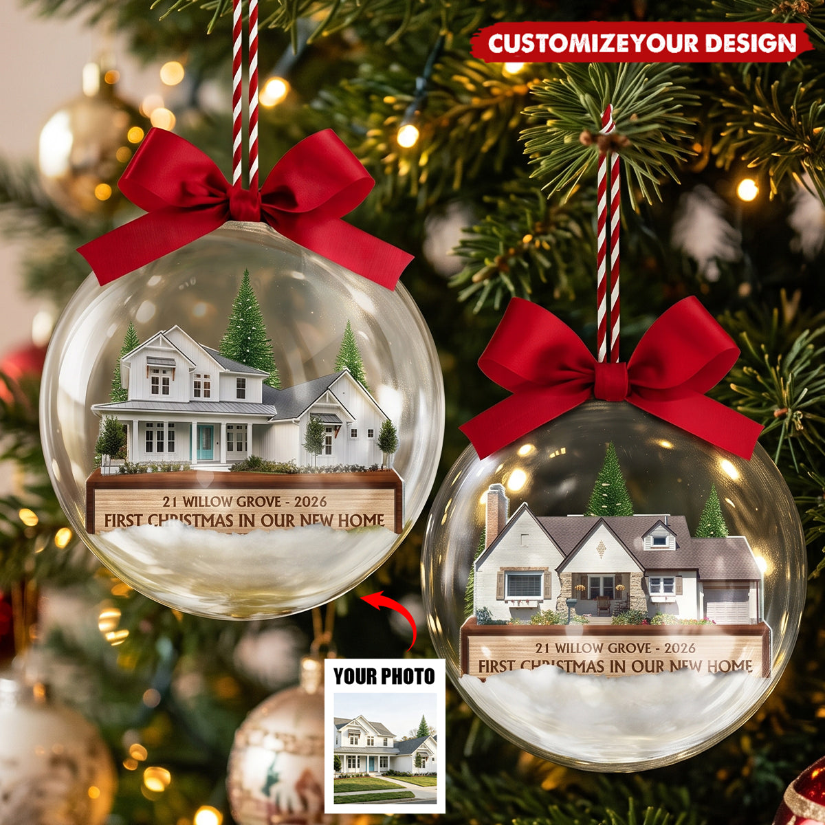 Custom Photo First Christmas In Our New House - Personalized 3D Acrylic Ball Ornament