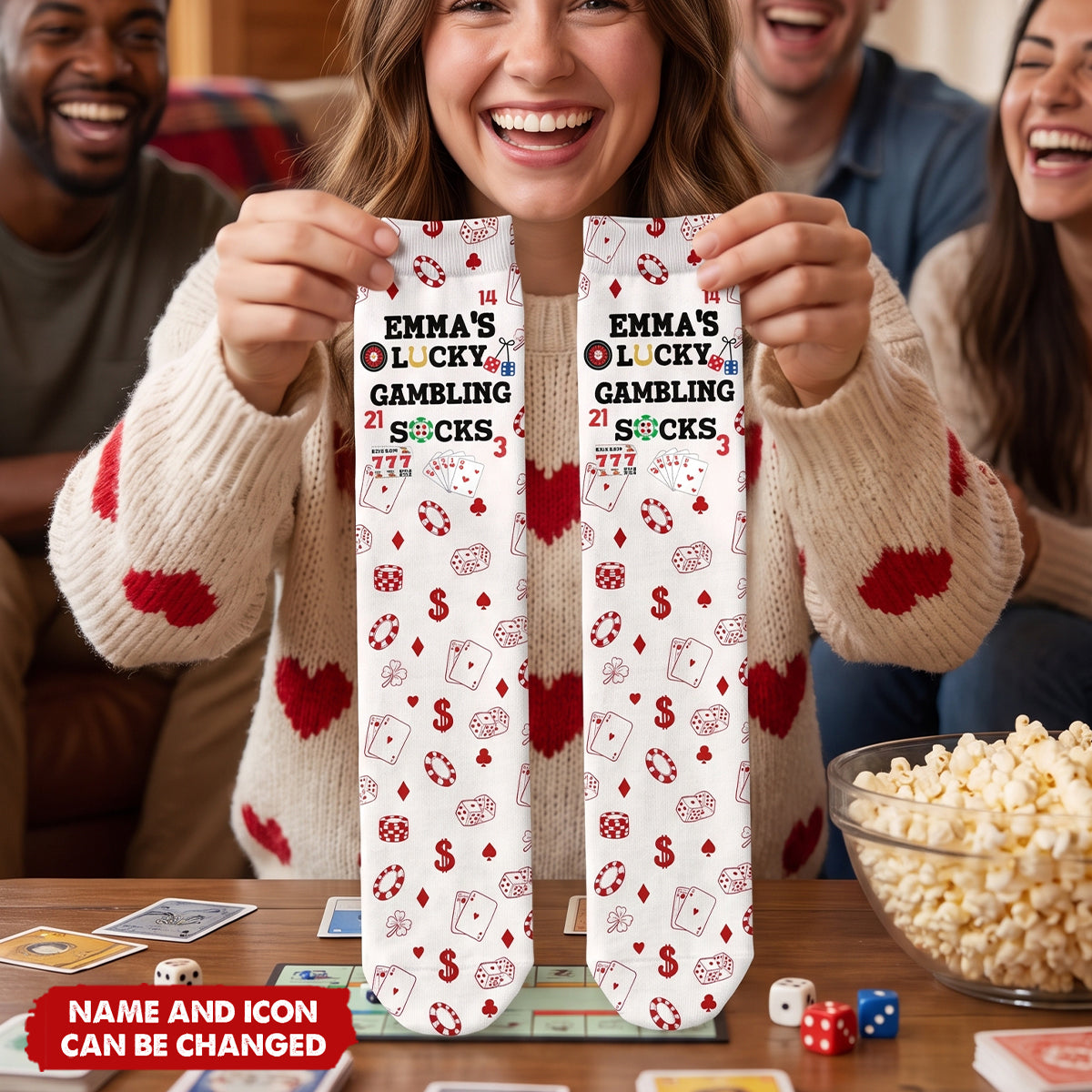 Lucky Gambling Socks, Lucky Poker Socks - Custom Name & Style - Personalized Socks