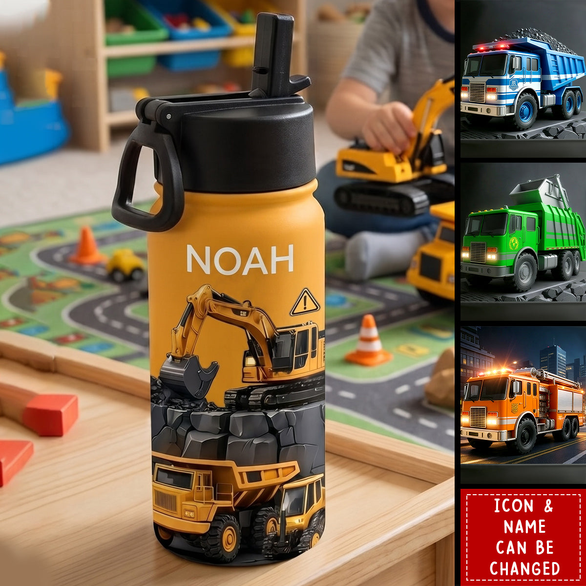Personalized Kid Construction Vehicle Water Bottle