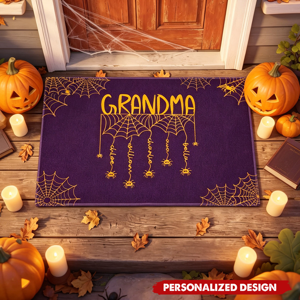 Personalized Halloween Spider Web Doormat - Custom Kids Names Fall Front Door Mat