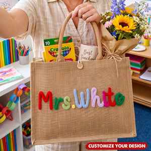 Personalized Burlap Teacher Tote Bag, Back to School Teacher Appreciation Gift