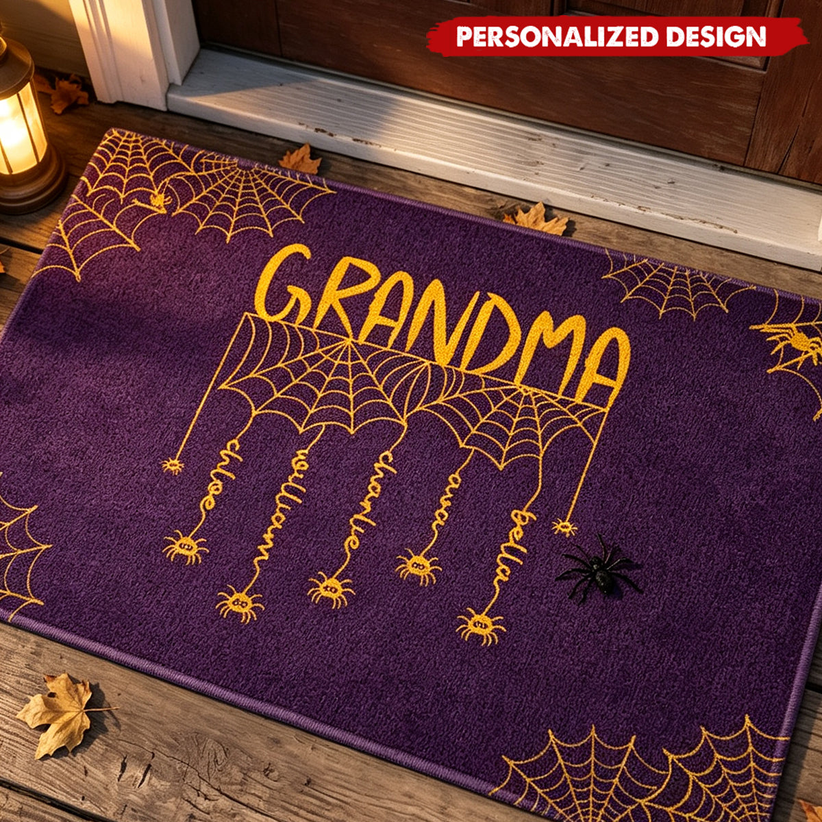Personalized Halloween Spider Web Doormat - Custom Kids Names Fall Front Door Mat