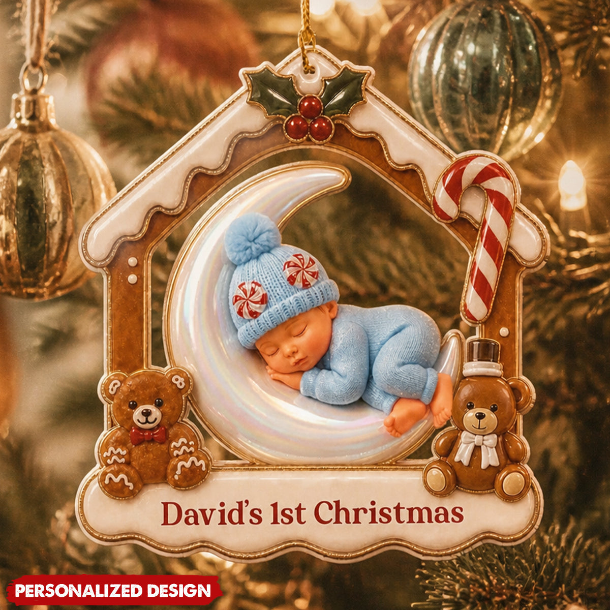 Personalized Baby's First Christmas Acrylic Ornament - Gingerbread House Hanging Decoration