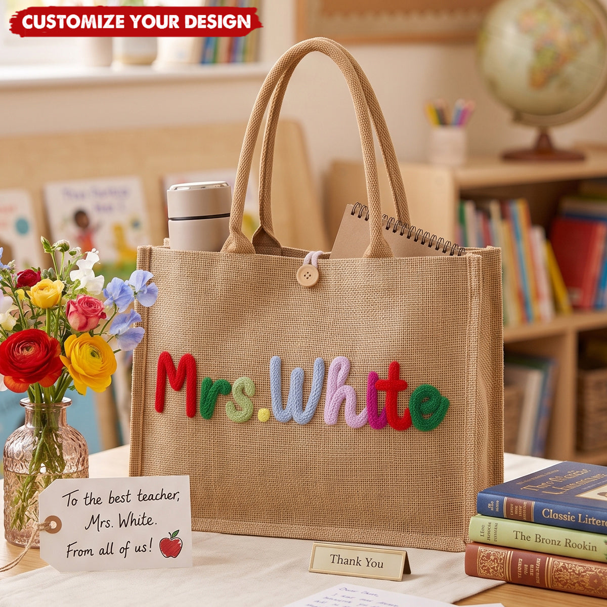 Personalized Burlap Teacher Tote Bag, Back to School Teacher Appreciation Gift