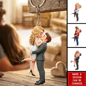Personalized Acrylic Keychain - Custom Kissing Couple Portrait Keyring, Romantic Couple Gift for Him and Her
