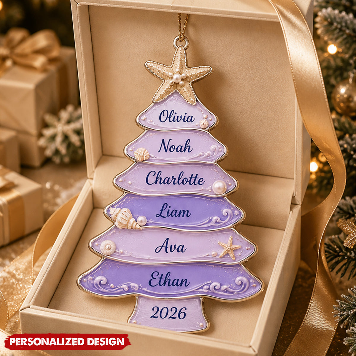 Personalized Coastal Christmas Tree Acrylic Ornament - Beach Seashell Starfish Holiday Keepsake