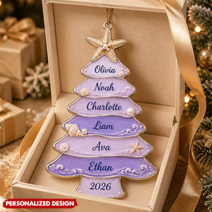 Personalized Coastal Christmas Tree Acrylic Ornament - Beach Seashell Starfish Holiday Keepsake