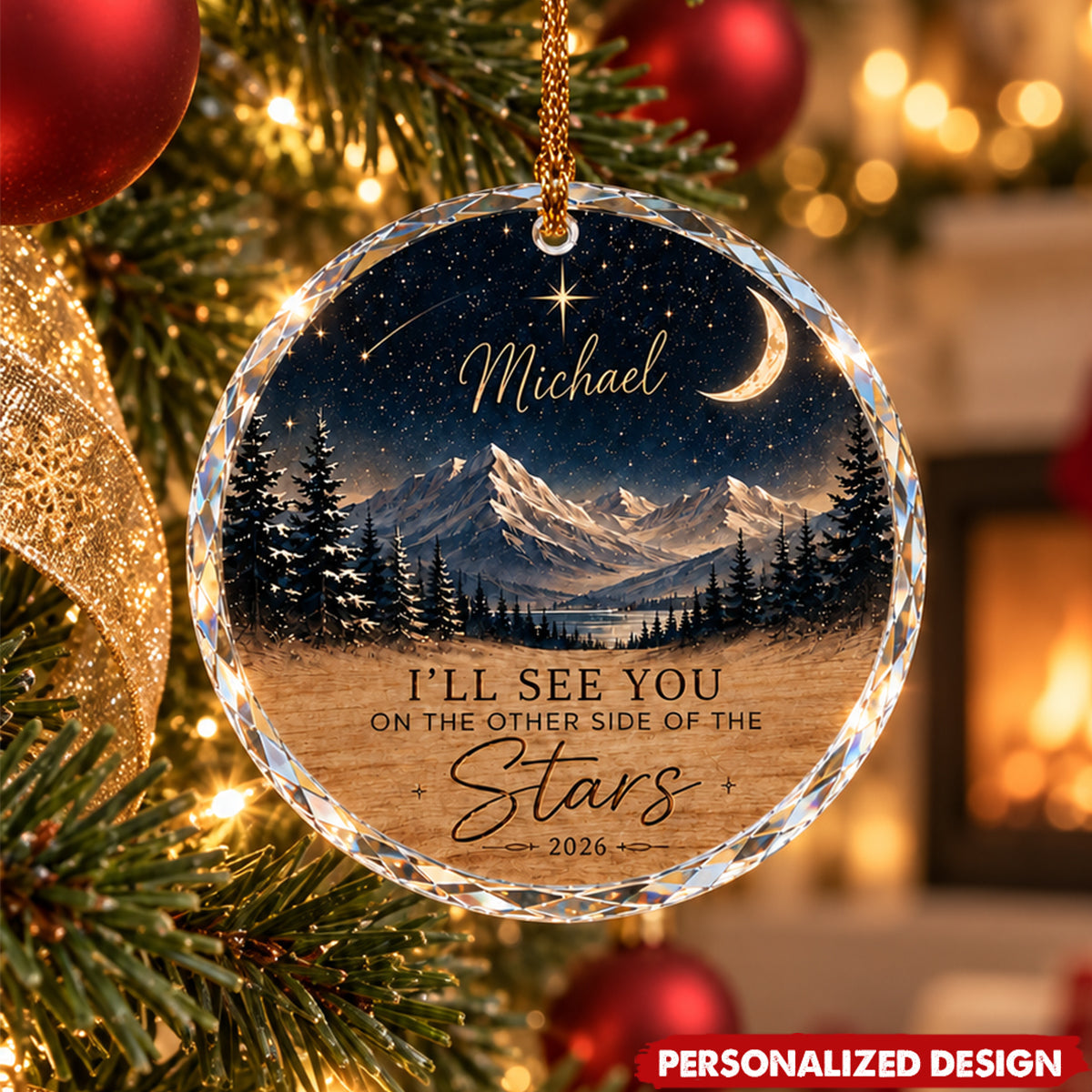 Personalized Memorial Starry Mountain Glass Ornament - Custom Name Remembrance Christmas Keepsake