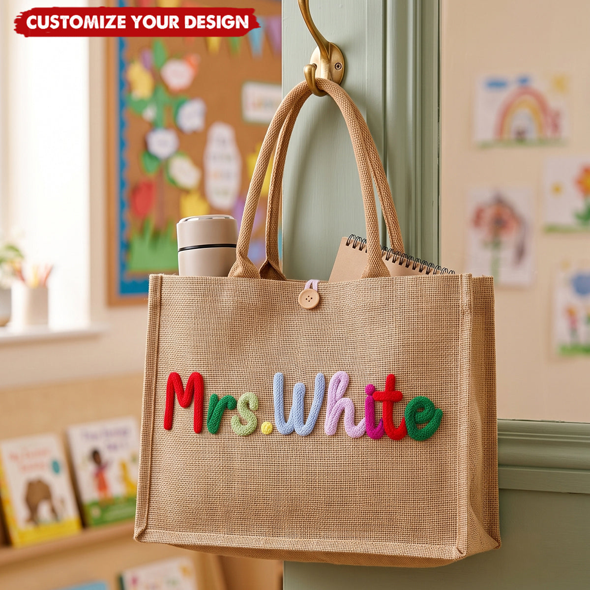 Personalized Burlap Teacher Tote Bag, Back to School Teacher Appreciation Gift