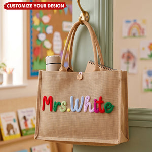 Personalized Burlap Teacher Tote Bag, Back to School Teacher Appreciation Gift