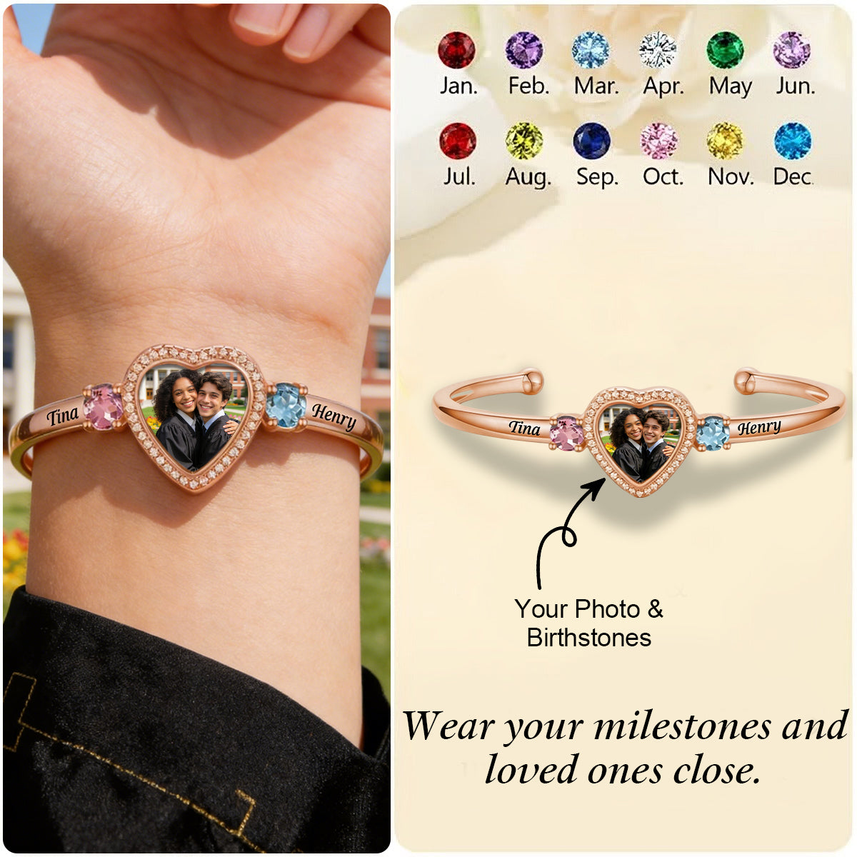 Customized Birthstone & Graduation Photo Heart Bracelet - Personalized Birthstones, Photo and Names