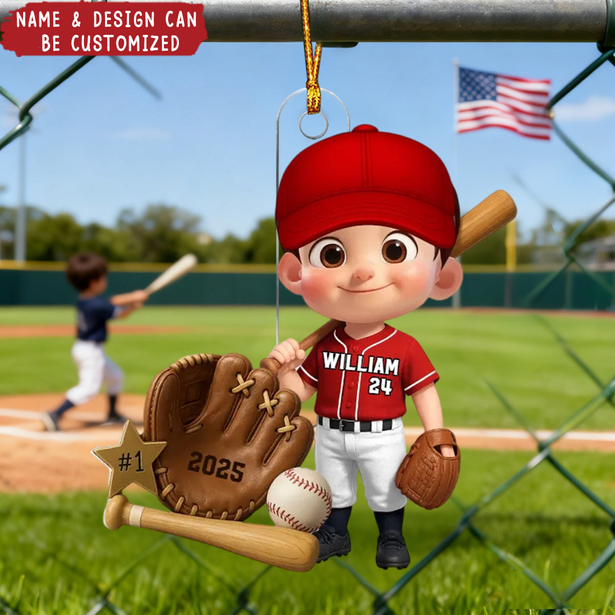 Baseball Player With Baseball Mitt Bat Ball - Personalized Acrylic Ornament, Gift For Kids, Grandkids