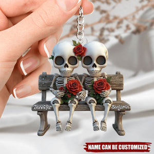 Skull Couple With Red Roses - Couple Personalized Acrylic Keychain