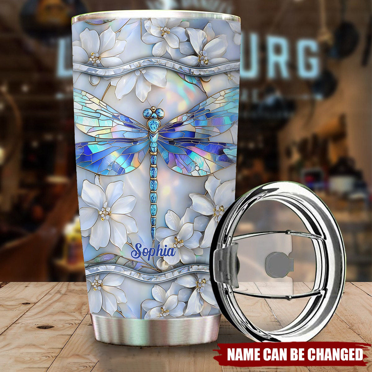 Iridescent Stained Glass Dragonfly Personalized Name Tumbler For Nature Lovers