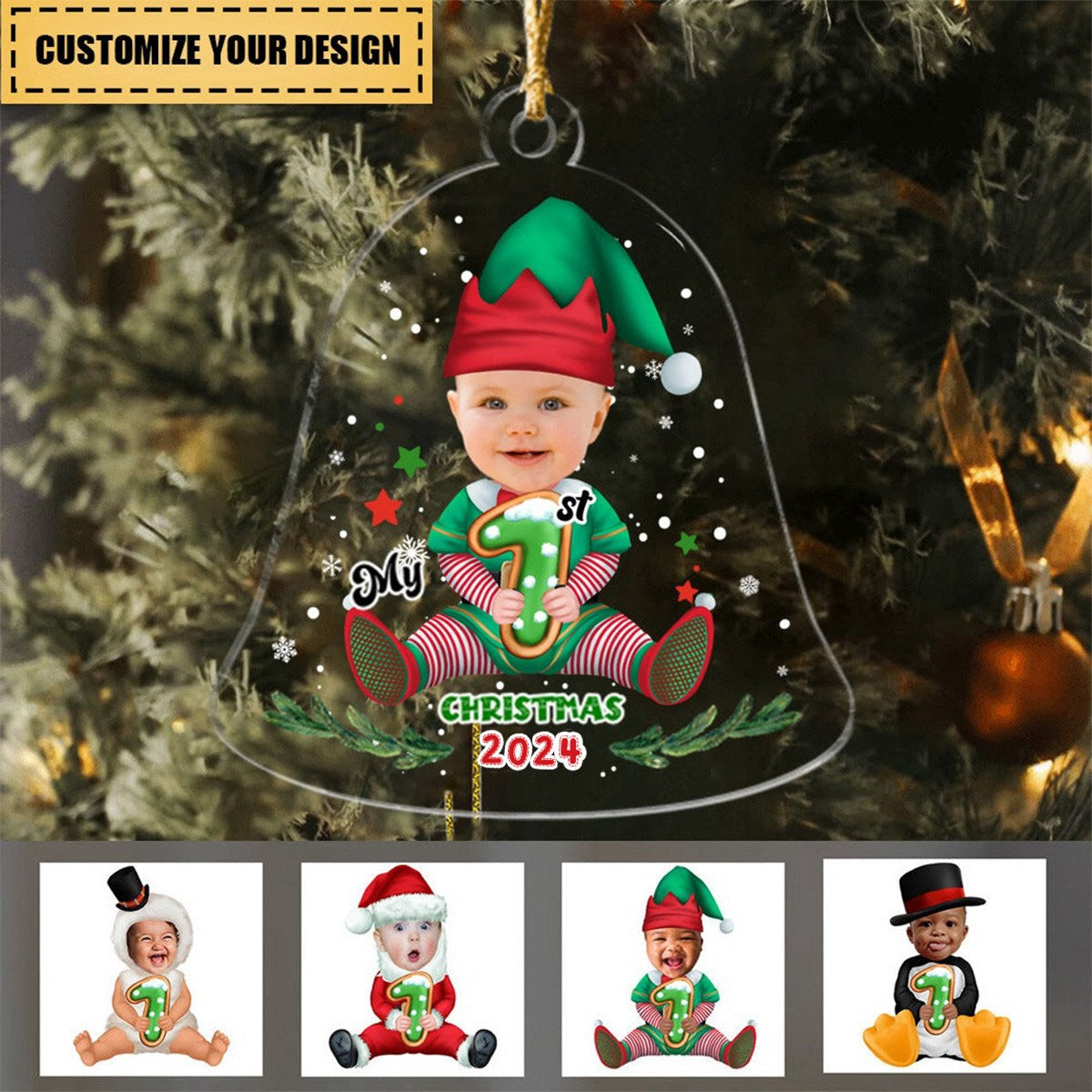 Transparent Ornament - Christmas Gifts - Custom Transparent Ornament from Photo - Christmas Bell Reindeer - My First Christmas 2024