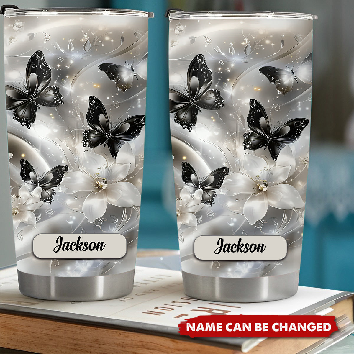 Elegant Black And White Butterfly & Floral Personalized Name Tumbler
