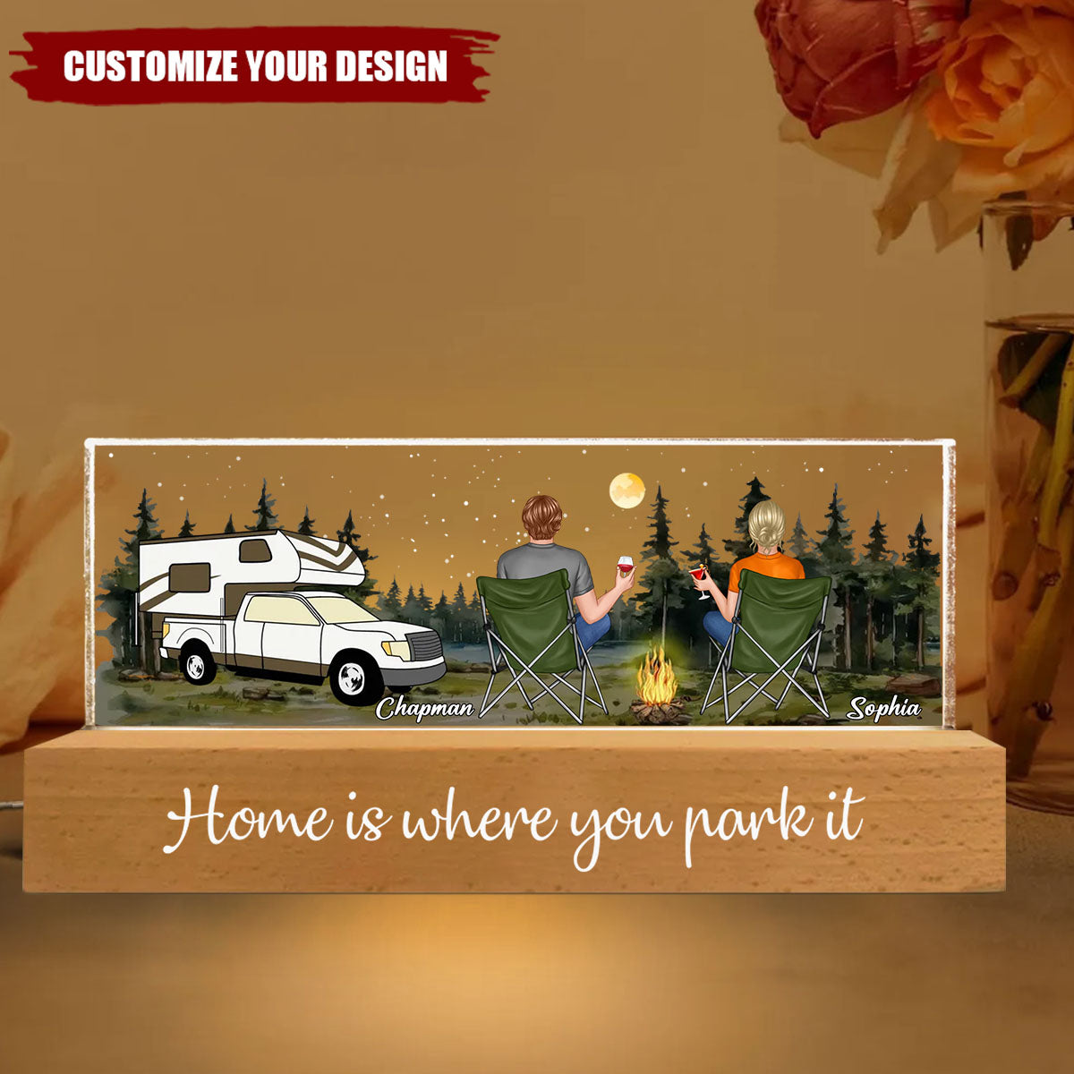 Back View Couple Camping Sitting Together - Personalized Acrylic LED Night Light, Valentine's Day Gift For Him, For Her