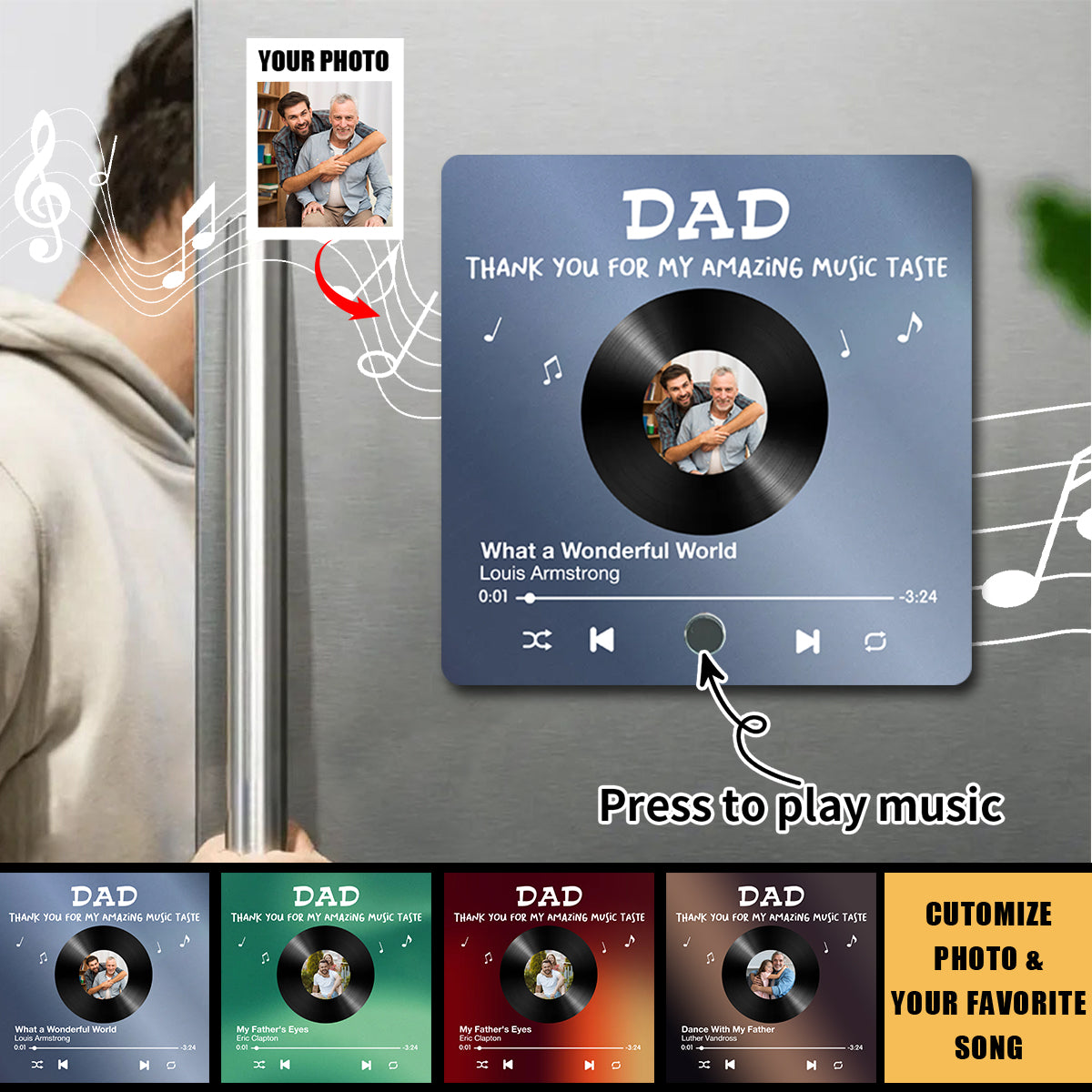 Dad Thank You For My Amazing Music Taste Upload Photo Favorite Song Personalized Music Fridge Magnet