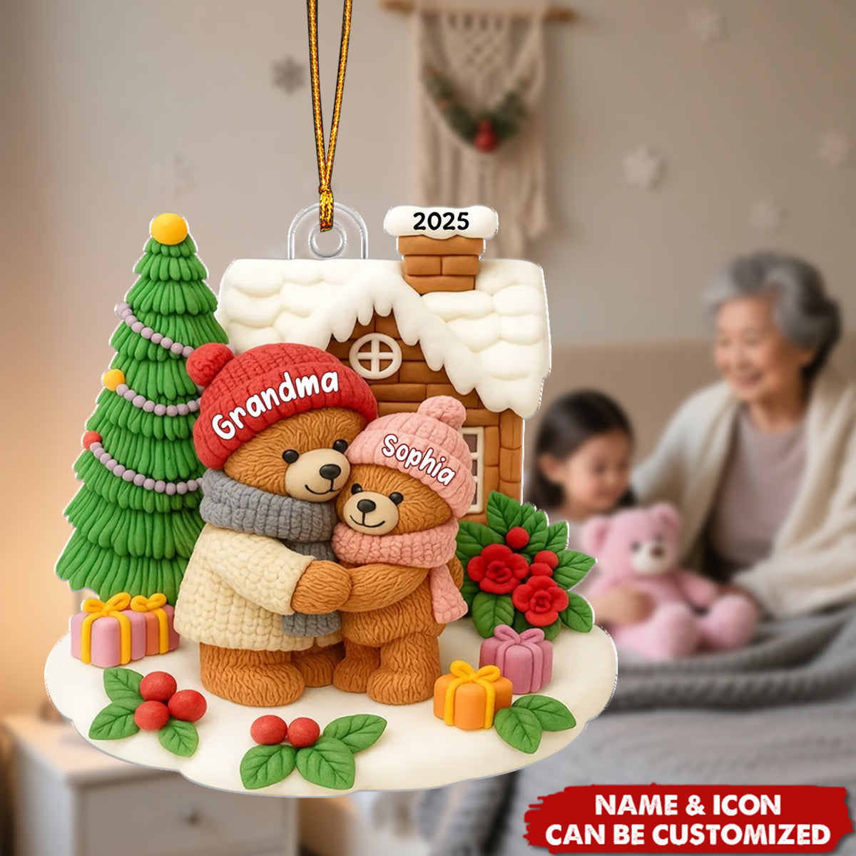 Grandma Bear Hugging Grandkids - Personalized Christmas Acrylic Ornament