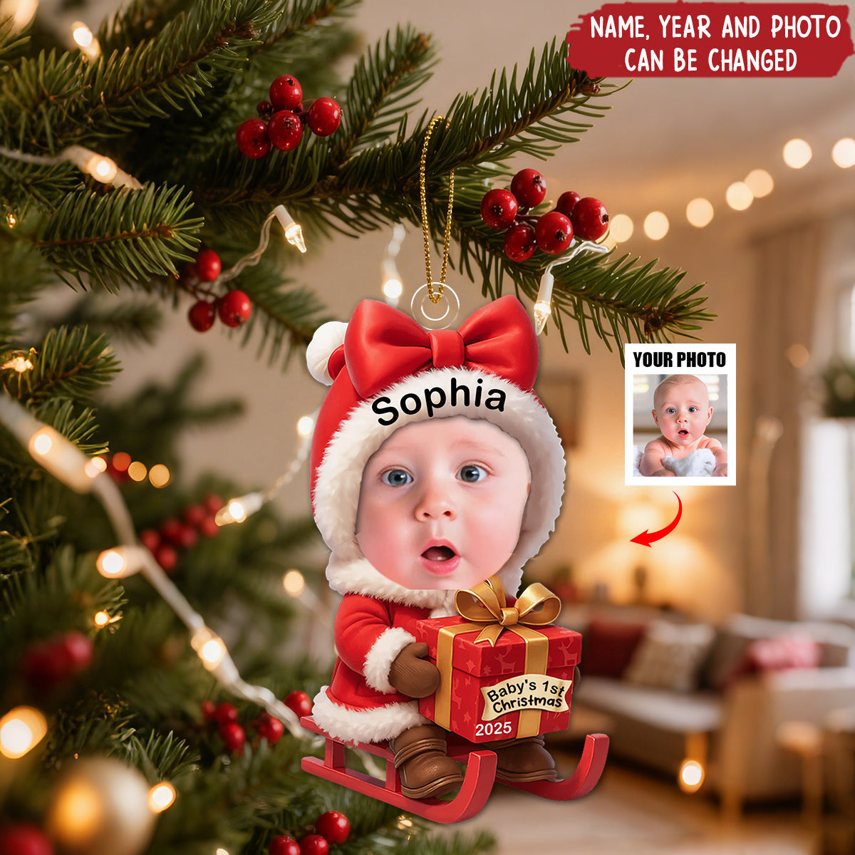 Baby Festive Cheer on a Sled - Personalized Christmas Acrylic Ornament