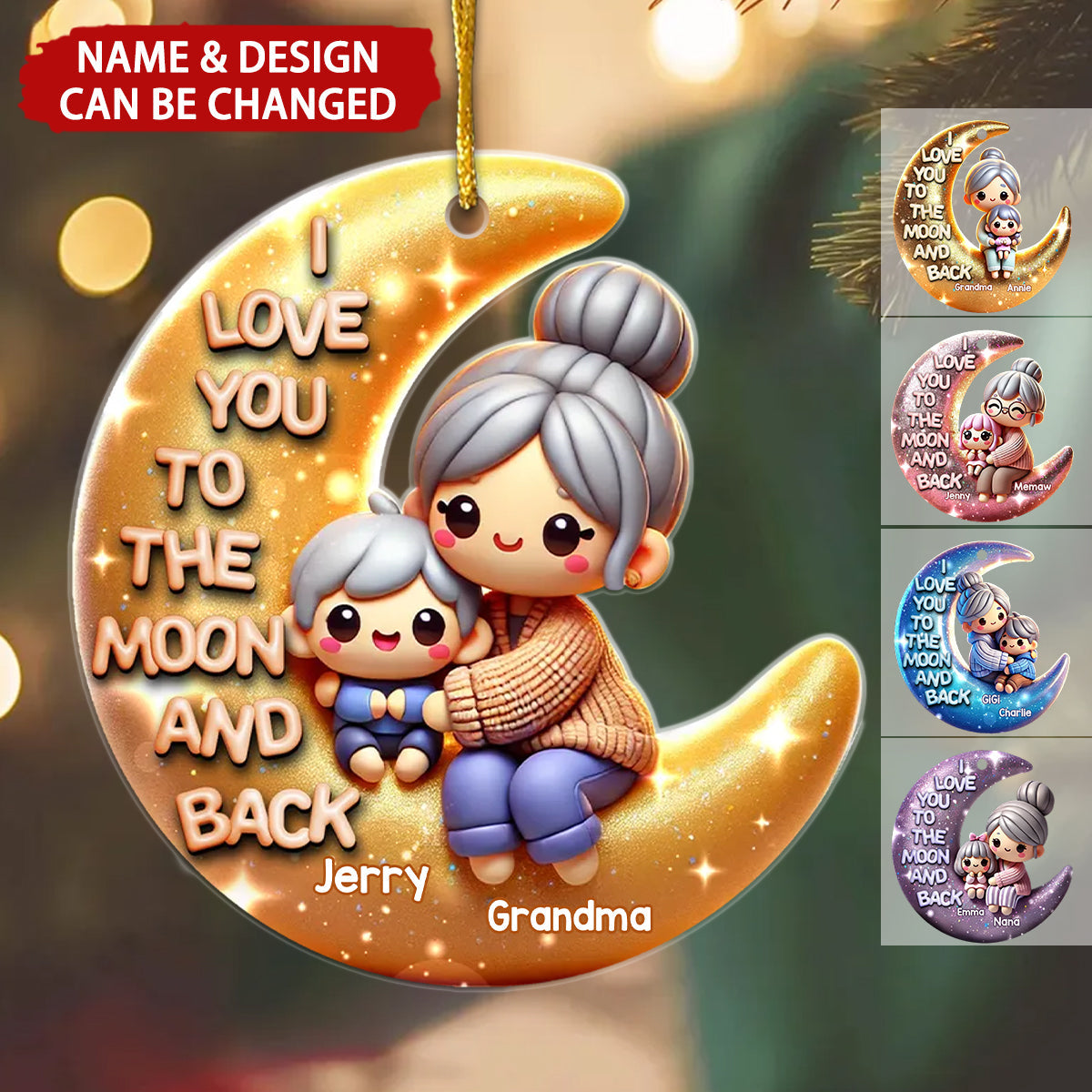 Cute 3D Effect Grandma & Grandkid I Love You To The Moon And Back Personalized Acrylic Ornament