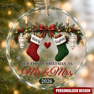 Personalized First Christmas Circle Glass Ornament - Custom Anniversary Gifts
