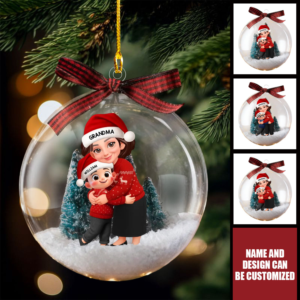 Christmas Grandma Hugging Grandkid - Personalized Snow Ornament