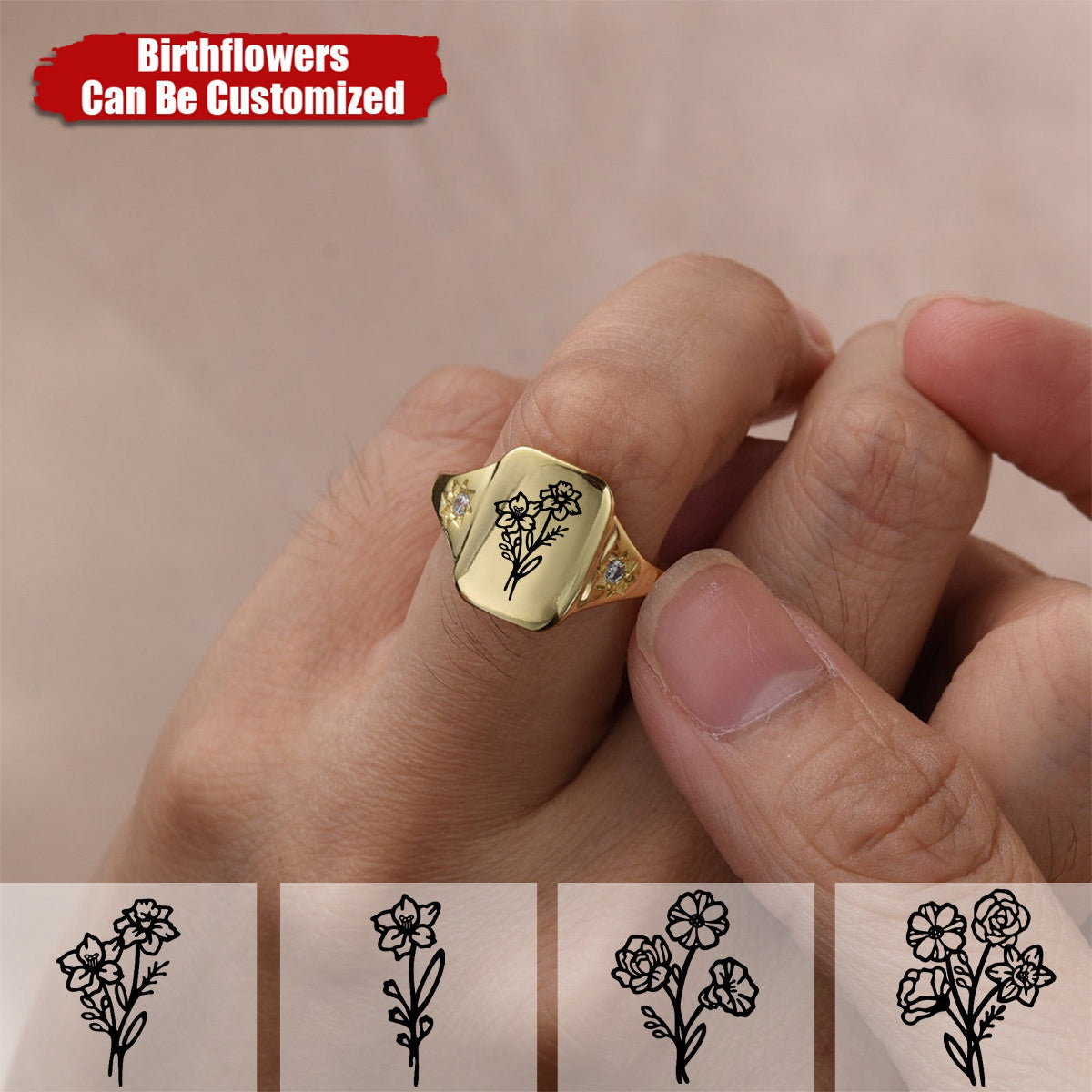 Multiple Bouquet Birth Flower Engraved Family Flower Personalized Ring, Birthday Gift for Mom Grandma, Gift for Her