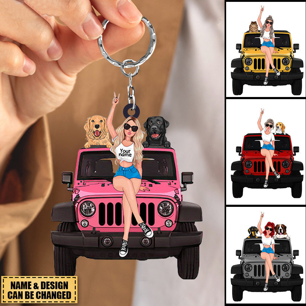 Personalized A Girl With Off-Road Car And Pet Keychain Gift For Journey Girls  2