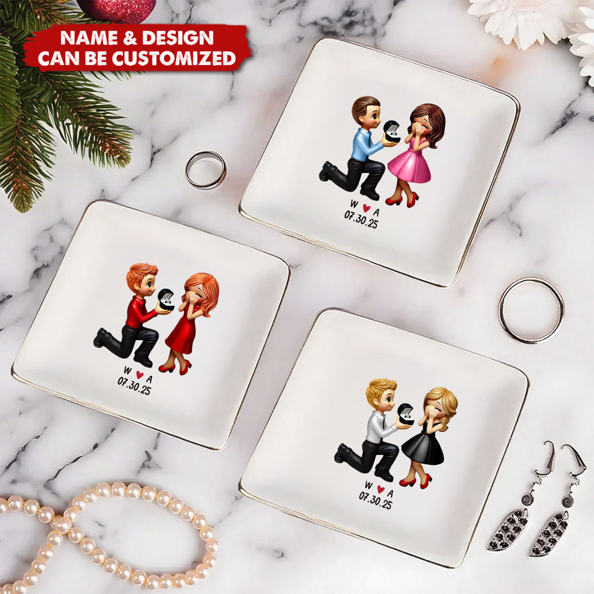 Couple Marriage Proposal Engagement Personalized Jewelry Dish, Just Engaged Gifts For Her