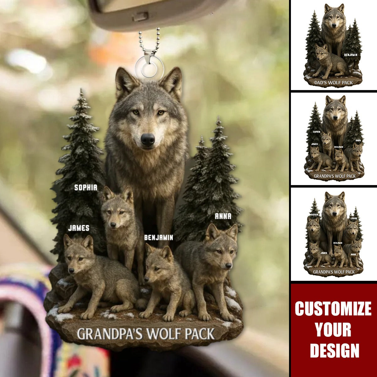 Wolf By Nature, Dad By Heart - Personalized Acrylic Car Ornament, Gift For Dad, Grandpa