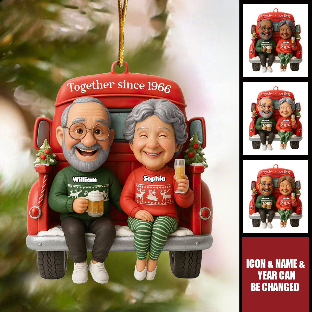 Old Couple Sitting on Christmas Truck - Personalized Acrylic Ornament