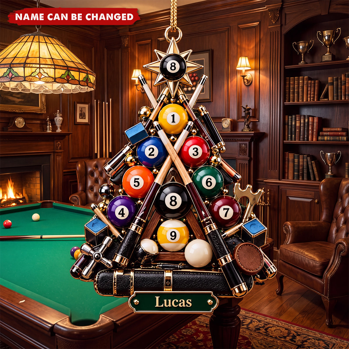 Custom Name Pool Tree Ornament, Unique Billiards Lover Holiday Decor, 8 Ball Cue Stick Pendant, Xmas Decor for Player, Gamer Keepsake
