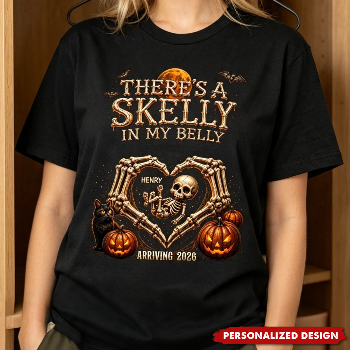 Personalized Halloween Skeleton Pregnancy Announcement T‑Shirt - Gift For Pregnant Women