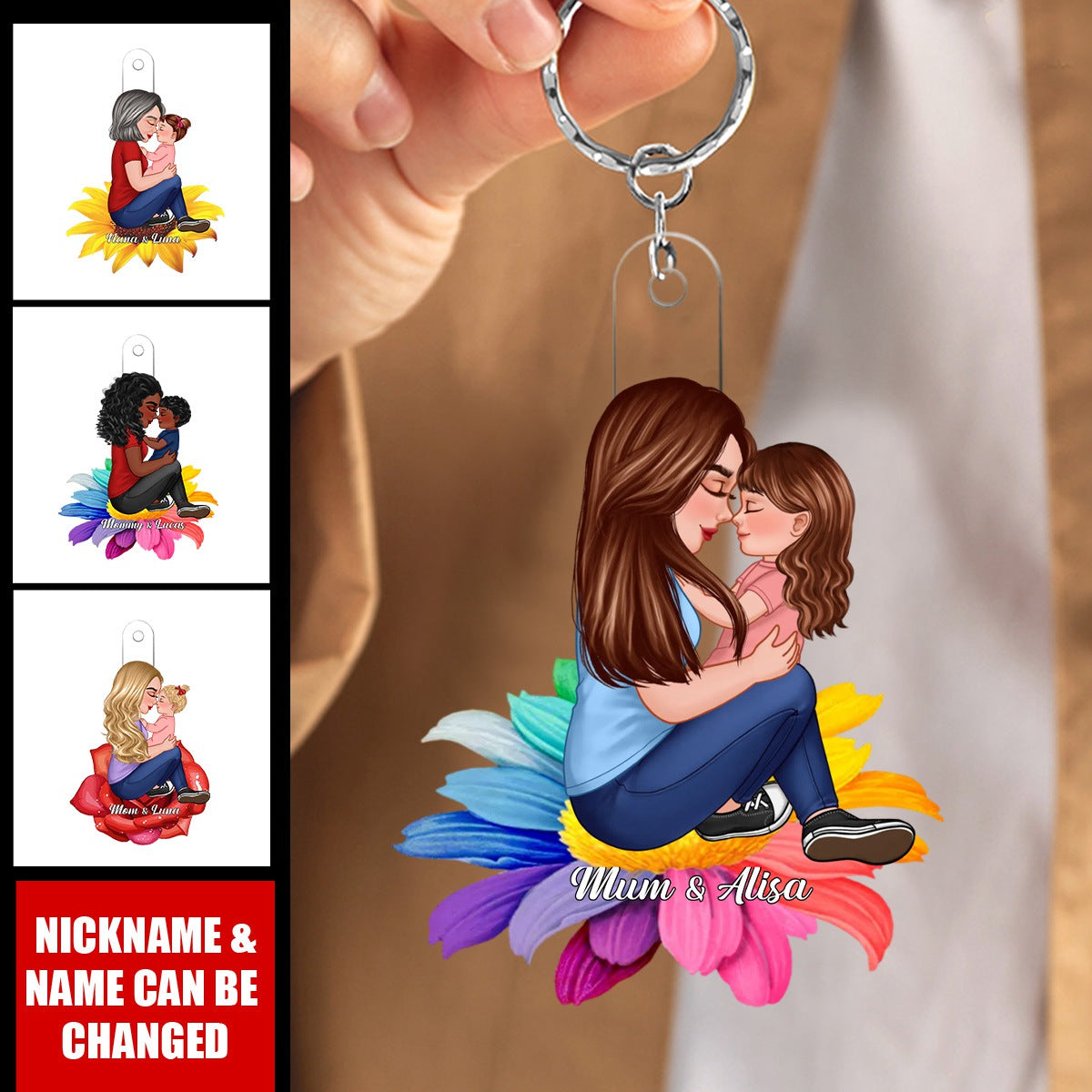 Grandma Mom Kid Sitting On Flower Personalized Keychain - Mother's Day Gift For Mom