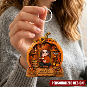 Personalized Who Loves Books Fall Pumpkin Acrylic Keychain - Custom Name Book Lover Autumn Key Ring