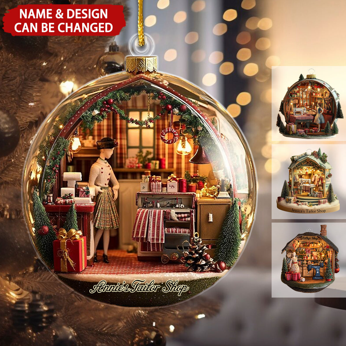 Dreamy Vintage Tailor Shop Personalized Christmas Ornament, Gift for Fashion Designer, Fashion Lover