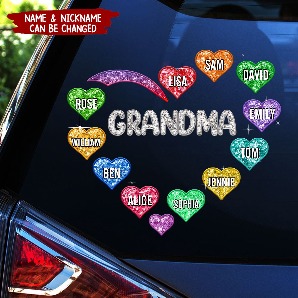 Grandma Mom Heart Faux Sequin - Personalized Car Decal