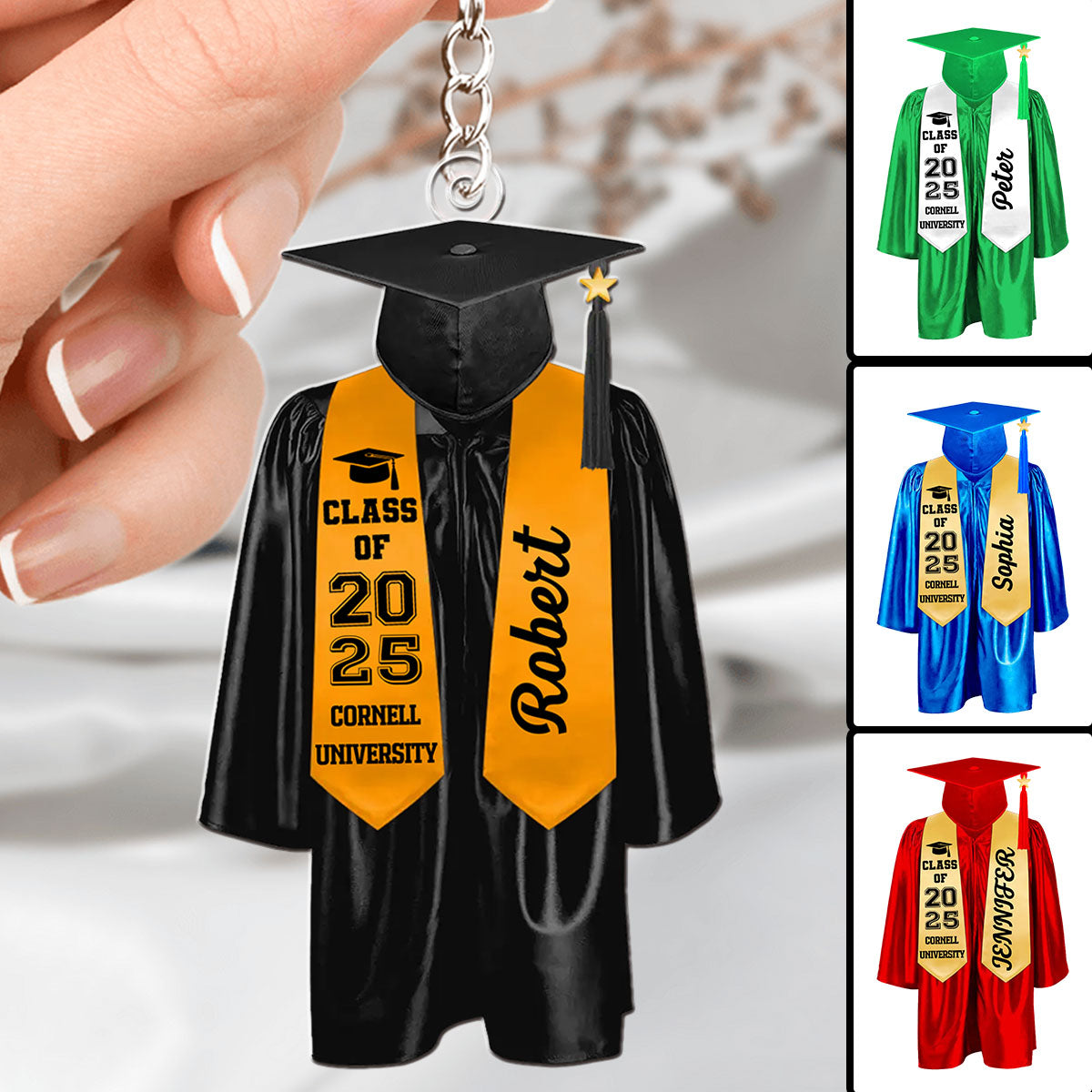 Caps Off To New Beginnings - Family Personalized Custom Keychain - Graduation Gift