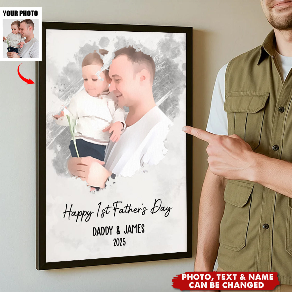 Watercolor Style Happy 1st Father's Day - Personalized Photo Poster